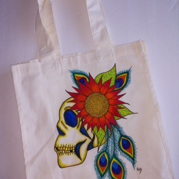 Hand-Painted Skull Tote Bag: Sunflower & Peacock Feather Art 14x13x7 - Picture 16 of 16